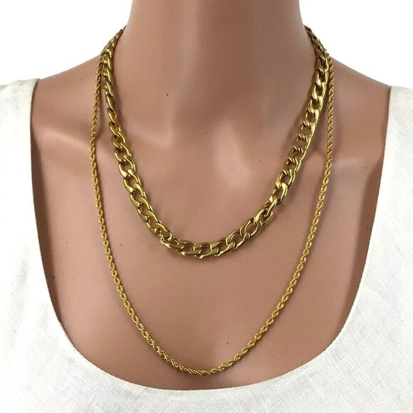 Double Strand Rope Chain Necklace Gold Tone - Picture 1 of 2
